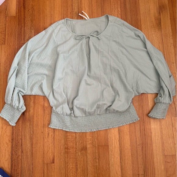 Anthropologie Rebecca Long Sleeve Smocked Waist Peasant Top Mint Green Sz L (j6) - Picture 2 of 11